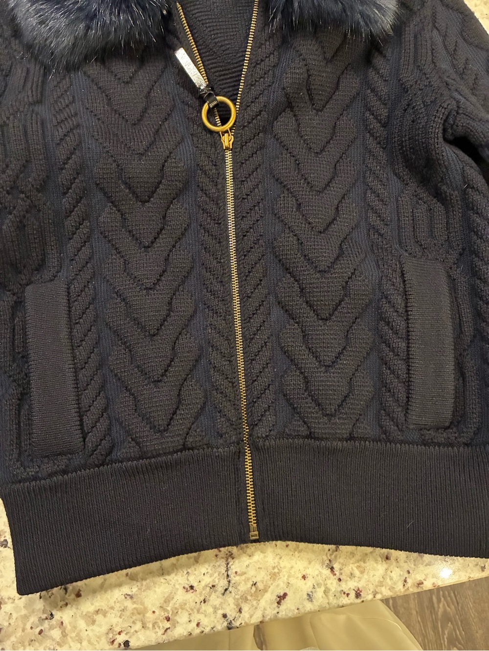 Tory Burch Navy Cable-Knit Sweater with Faux Fur detachable Collar - Picture 9 of 9